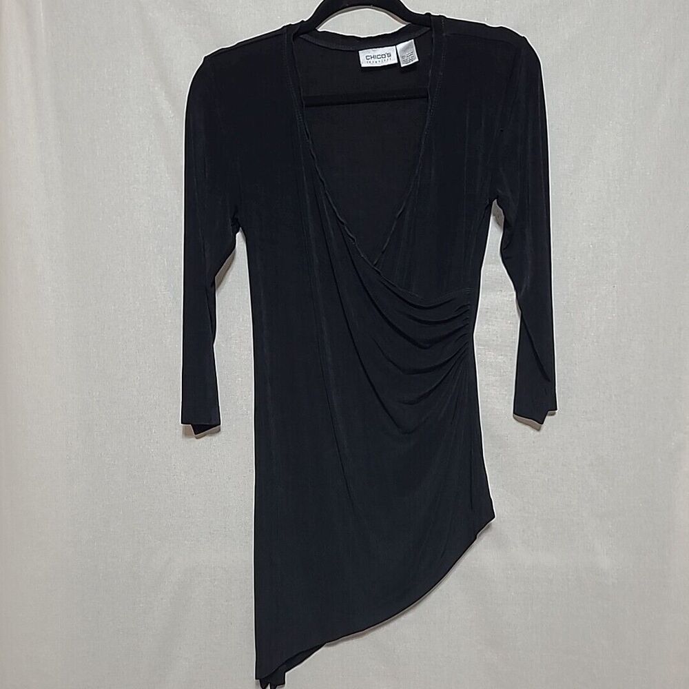 Chicos Travelers Top Asymmetrical Hem Surplice Front Size 0 Small Slinky Black